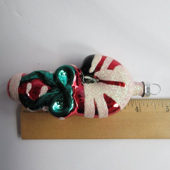 Striped Candy Cane with Gren Bow Glass Christmas Ornament Vintage 4" - Picture 9 of 9
